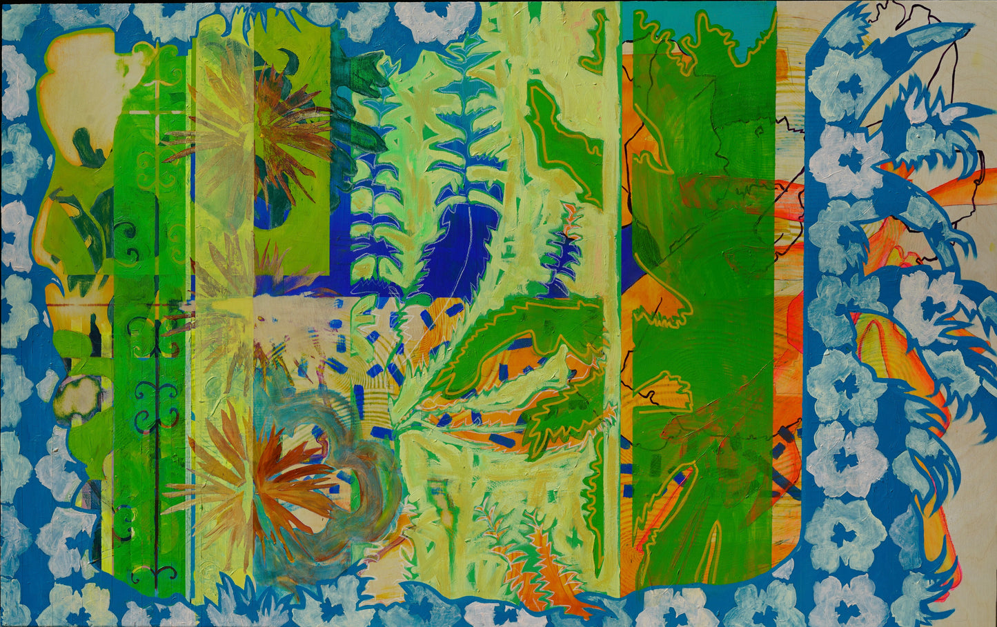 Colorful abstract pattern with green, blue, and orange elements on a textured background.